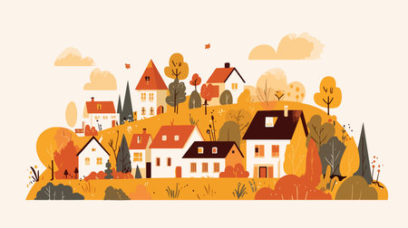 Autumn rural landscape with cute houses and trees. Vector illustration.のイラスト素材