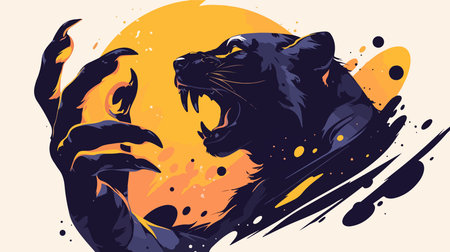 Vector illustration of a panther with grunge splashes and sun.のイラスト素材