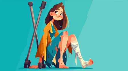 Injured woman with leg in plaster and crutches. Vector illustrationのイラスト素材