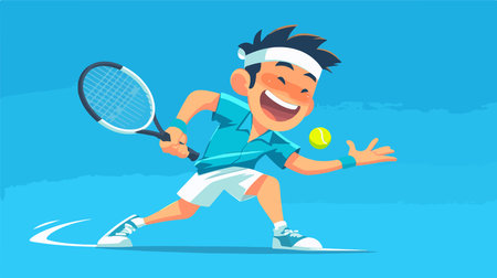 Tennis player flat vector illustration. Cartoon male character in sportswear playing tennis on court.のイラスト素材