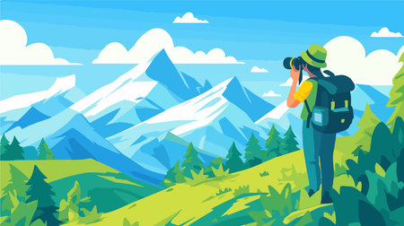 Hiker in mountains with backpack and binoculars. Vector illustrationのイラスト素材