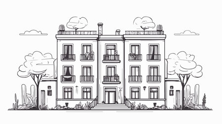 Hand drawn vector illustration or drawing of a house in the city.のイラスト素材