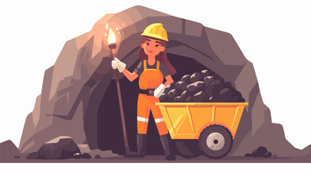 Coal mine worker in uniform with torch in coal mine flat vector illustration.のイラスト素材
