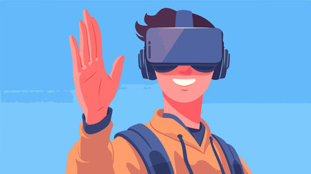 Man wearing virtual reality goggles. Vector illustration in flat cartoon style.のイラスト素材