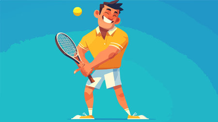 Tennis player vector illustration. Cartoon man playing tennis isolated on blue background.のイラスト素材