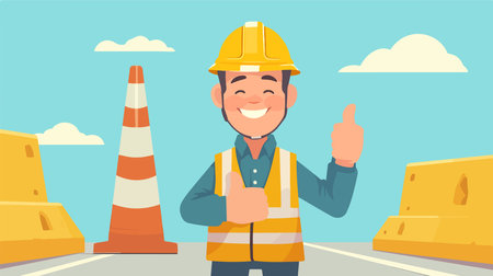 Worker in hardhat showing thumbs up on the road. Vector illustration.のイラスト素材