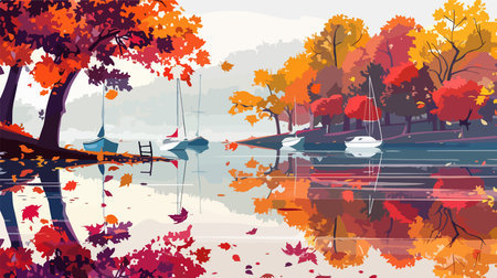 Autumn landscape with lake, trees, boat and boat. Vector illustration.のイラスト素材