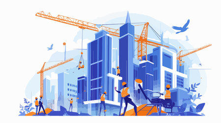Builders and engineers working with building under construction flat vector illustration.のイラスト素材