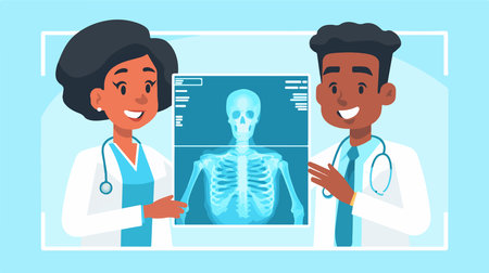 Doctor and patient looking at x-ray image. Vector illustration in flat styleのイラスト素材
