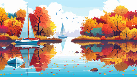 Autumn landscape with lake, boats and trees. Vector illustration.のイラスト素材