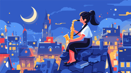 Woman playing saxophone in the city at night. Flat vector illustration.のイラスト素材