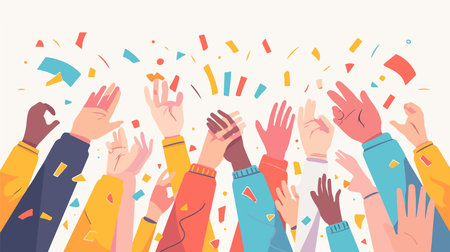 Group of hands raised up in the air with confetti. Vector illustration.のイラスト素材