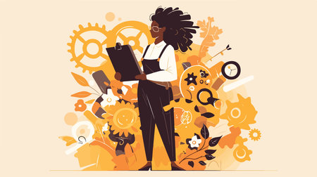 Vector illustration of an african american businesswoman standing in front of gears.のイラスト素材