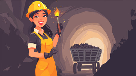 Smiling coal miner woman with torch in mine. Vector cartoon illustrationのイラスト素材