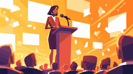 Vector illustration of a woman speaking at a podium at a conference.のイラスト素材