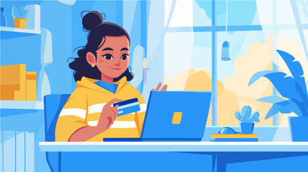 Young woman holding credit card and using laptop for online shopping. Vector illustrationのイラスト素材