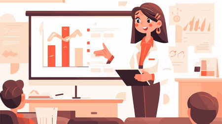 Businesswoman in office flat vector illustration. Cartoon businesswoman standing near whiteboard with charts and graphs.のイラスト素材
