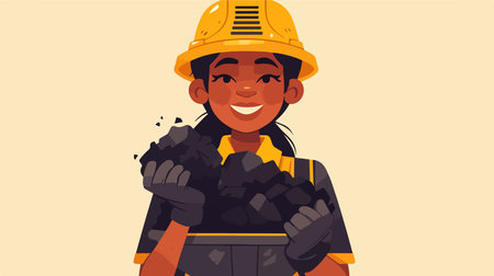 Smiling woman miner in uniform with coal. Vector cartoon illustration.のイラスト素材