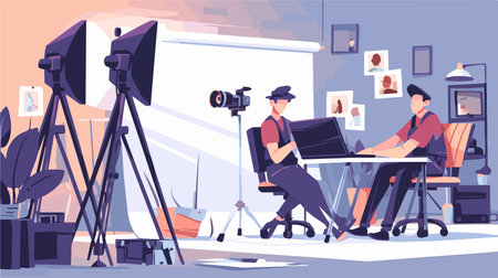 Photographer with camera and tripod working in studio. Vector illustration in flat styleのイラスト素材