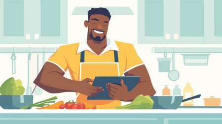 Happy african american man cooking in the kitchen. Vector illustration in flat styleのイラスト素材
