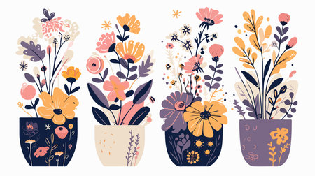 Flowers in pots. Hand drawn vector illustration for your design.のイラスト素材