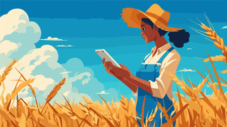 Farmer using tablet computer in wheat field, flat vector illustration.のイラスト素材