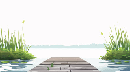 Wooden pier with grass and lake on white background. Vector illustration.のイラスト素材