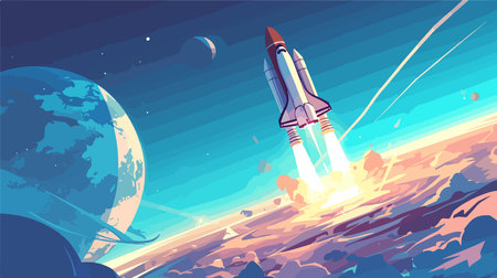 Space rocket launch into the space. Vector illustration in cartoon style.のイラスト素材