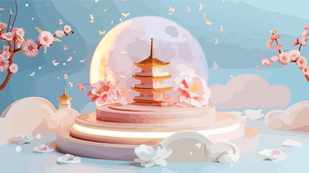 Cherry blossom background with moon and pagoda. Vector illustration.のイラスト素材