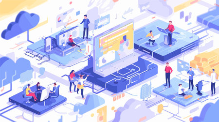 Isometric business people working on laptop. Teamwork concept. Vector illustrationのイラスト素材