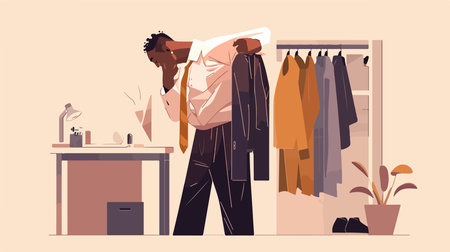 Man choosing clothes in clothing store. Vector illustration in flat cartoon styleのイラスト素材