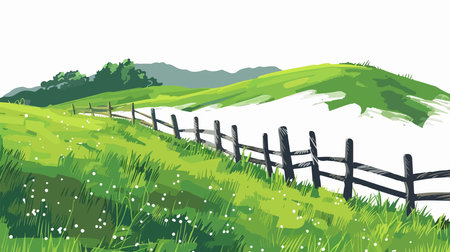 Green meadow with a fence on a hillside, vector illustrationのイラスト素材