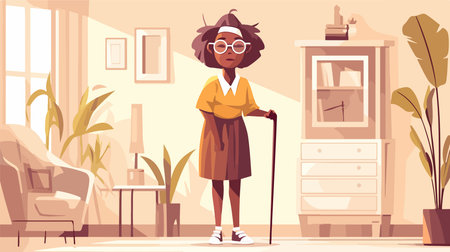 Old woman with cane in living room flat vector illustration. Cartoon elderly lady in eyeglasses standing at home, looking at camera. Grandmother and old age conceptのイラスト素材