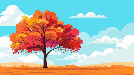 Autumn landscape with red tree and blue sky. Vector illustration.のイラスト素材