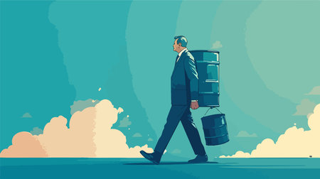 Businessman carrying a barrel of oil. Vector illustration in flat styleのイラスト素材
