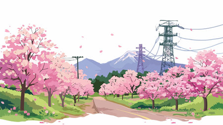 Cherry blossom and high voltage transmission line, vector illustration.のイラスト素材