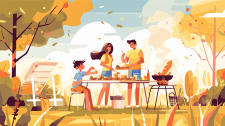 Family having picnic in autumn park flat vector illustration. Mother, father and son cooking sausages, roasting meat on barbecue grill, sitting on bench and having fun together on weekend.のイラスト素材
