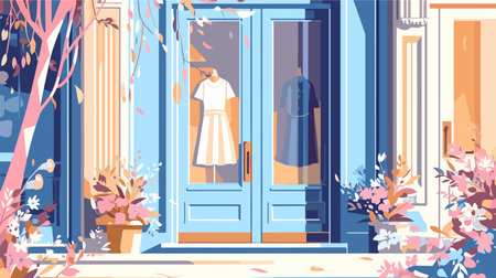Flat design vector illustration of shopfront with door, window and flowers.のイラスト素材