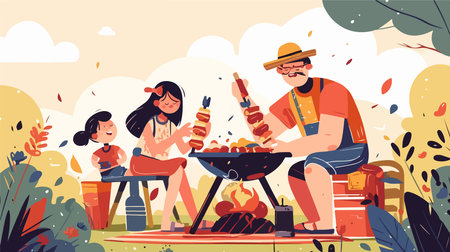 Happy family having barbecue party in nature flat vector illustration. Cartoon father and daughter cooking sausages on grill outdoors.のイラスト素材