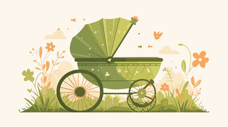 Vector illustration of baby carriage in the park with flowers and butterflies.のイラスト素材