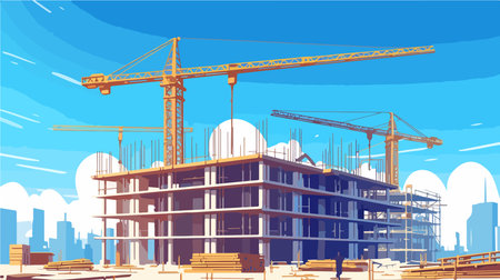 Construction of a multi-storey building with cranes. Vector illustrationのイラスト素材