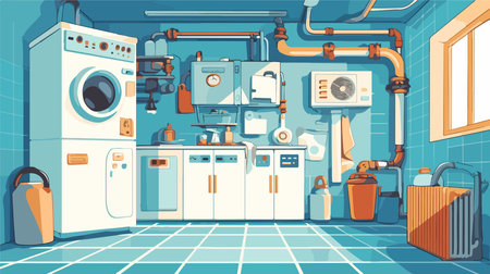 Laundry room interior with washing machine and equipment vector illustration.のイラスト素材