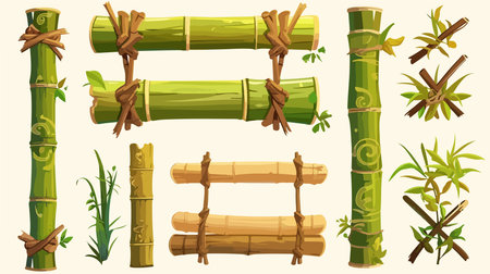 Bamboo stems and leaves set. Vector illustration in cartoon style.のイラスト素材