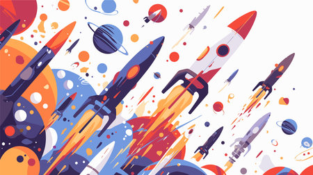 Space rocket with planets and stars. Space exploration concept. Vector illustrationのイラスト素材