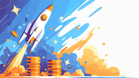 Rocket launch into space. Start up business. Vector illustration in flat styleのイラスト素材