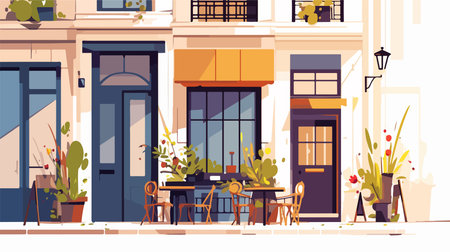 Street cafe with tables and chairs. Vector illustration in flat style.のイラスト素材