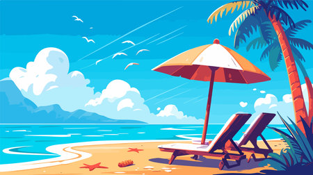 Beach with umbrella and deck chairs. Vector illustration in flat styleのイラスト素材