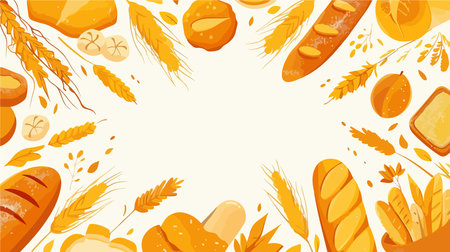 Bread background with wheat ears and loafs. Vector illustration.のイラスト素材