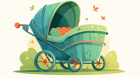 Vector illustration of a green baby carriage in the garden. Flat style.のイラスト素材