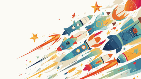 Space rocket with stars and planets. Vector illustration in retro style.のイラスト素材